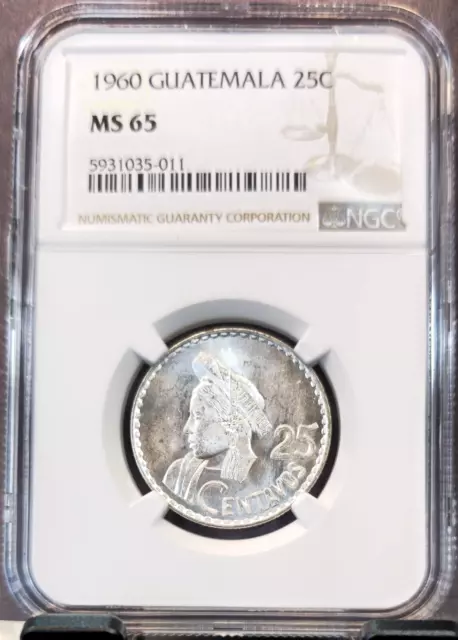 1960 Guatemala Silver 25 Centavos Native Head Ngc Ms 65 Scarce Gem Bu