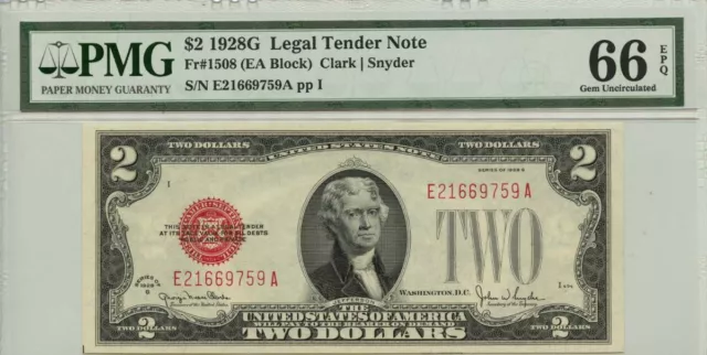 1928G $2 Legal Tender Note FR#1508 PMG Gem 66 EPQ