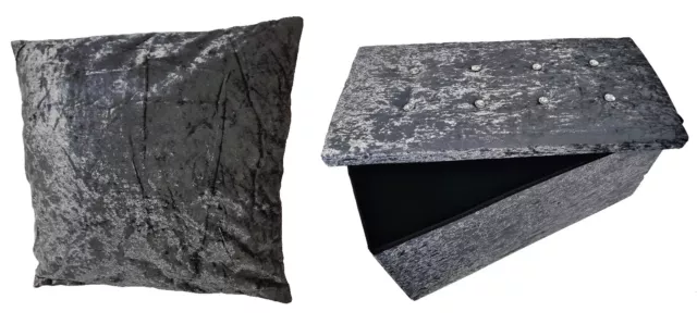 Grey Crushed Velvet Ottoman Diamonte Foldaway Storage Box Seat Stool Cushion Cvr