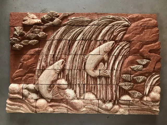 Carved Brick “Salmon Leaping” Fence Wall Art Sculpture By Mara Smith Local Only