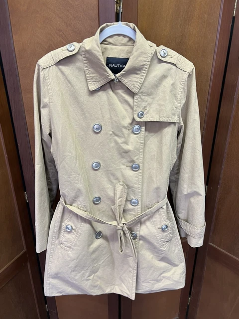 Nautica Mens Tan Trench Coat With Silver Buttons, Size Large, Sea Themed Lining