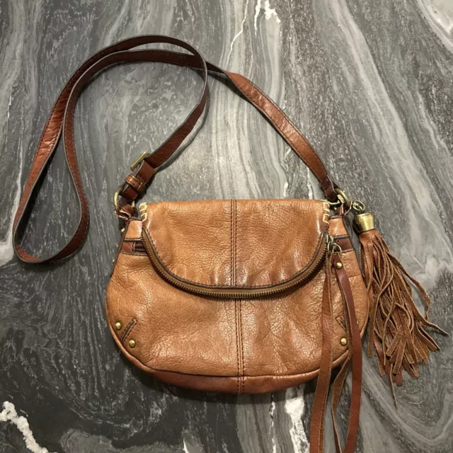 Lucky Brand Camel Leather Purse Crossbody  Bag Foldover Hobo Boho Natural