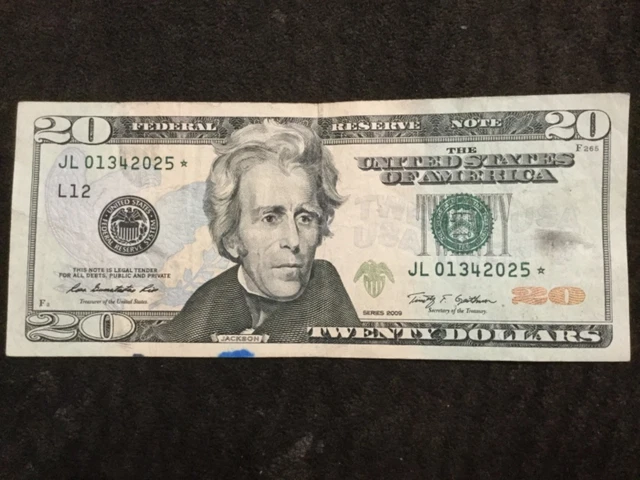 $20 Dollars Bill Star Note Series 2009 San Francisco JL01342025* Federal Reserve