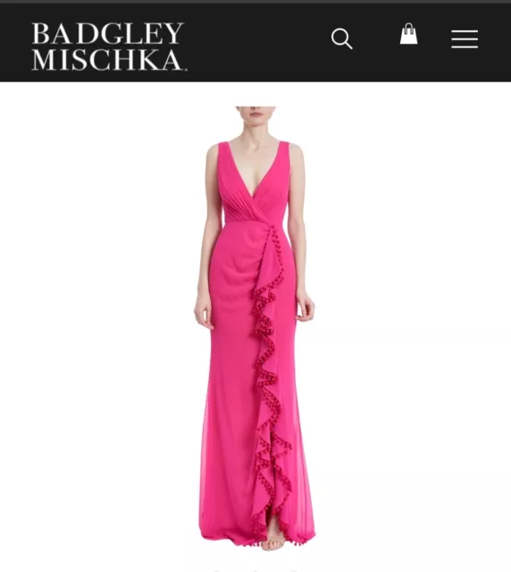 BADGLEY MISCHKA Rose Pompom Trim Ruffle Gown, Size 8, GORGEOUS!
