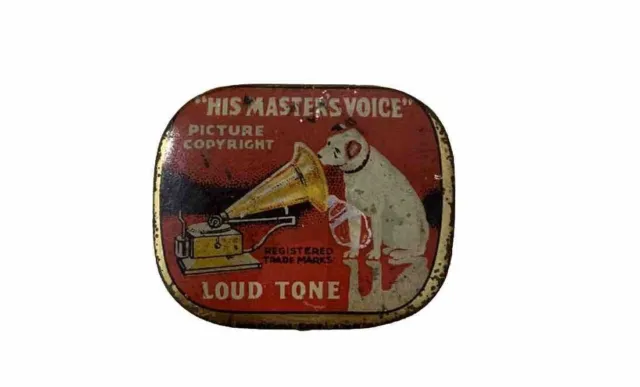 VINTAGE RED HMV HIS MASTERS VOICE TIN w/ NEEDLES GRAMOPHONE LOUD TONE