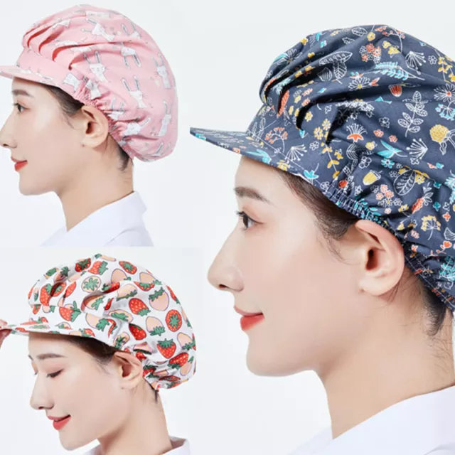 Elastic Chef Hat Food Catering Kitchen Baker Floral Cook Hair Cap Brim Cotton