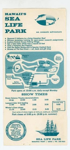 Hawaii's Sea Life Park Brochure Vintage Oceanic Adventure Map Show Times