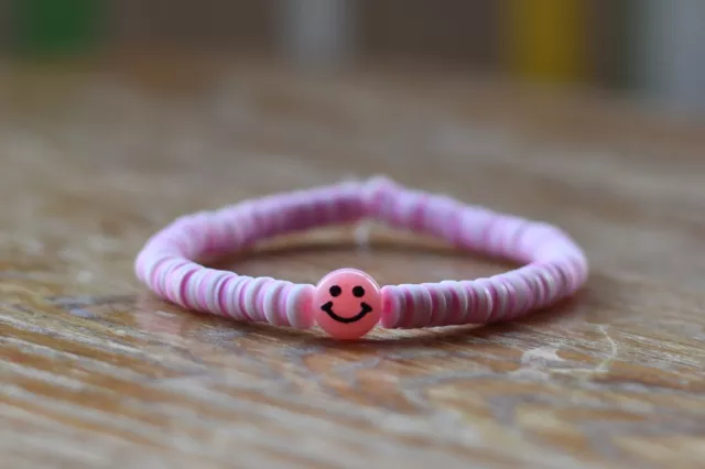 Handmade Pink Purple Clay Bead Bracelet, Elastic, Friendship Spirit, School
