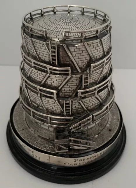 1933 English Sterling Figural Model Gasometer Gas Holder Storage Tank Trophy