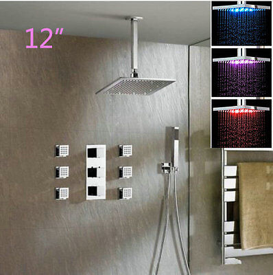 Thermostatic Shower Faucet Set LED 12 Inch Rain Head Tap Body Massage Spray Jet