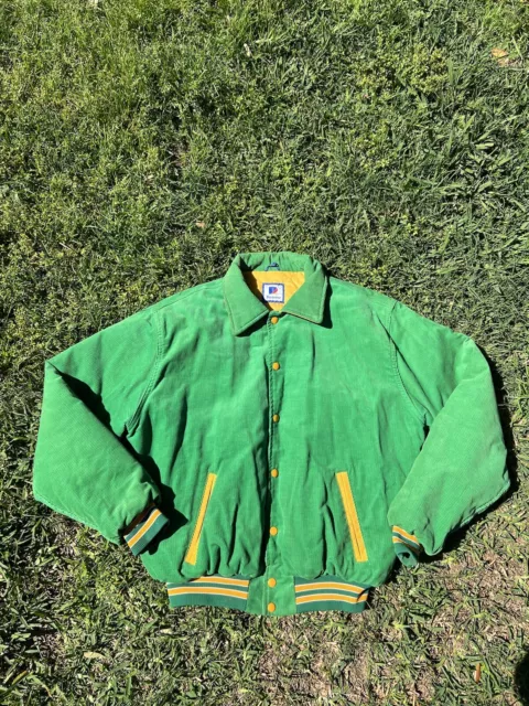 Vintage 80s Rennoc USA Made Corduroy Varsity Jacket 1980s XL Green & Yellow