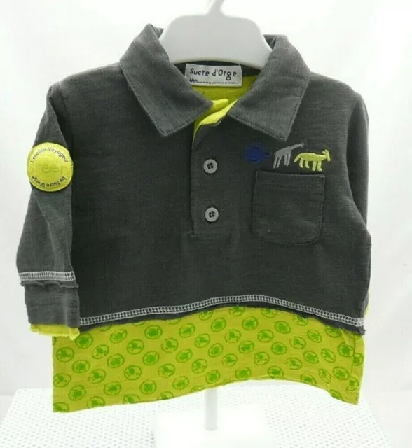 Sucre d'Orge polo gris vert anis manche longue motif animaux bébé 3 mois