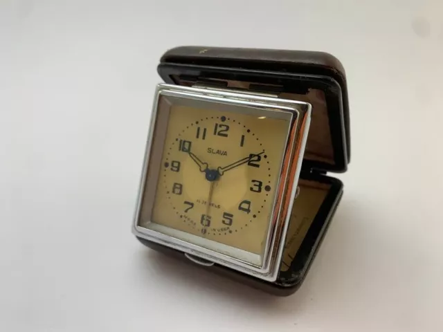 Vintage Soviet USSR Clock Desk Slava 11 Jewels Mechanical Watch Alarm Travel Art