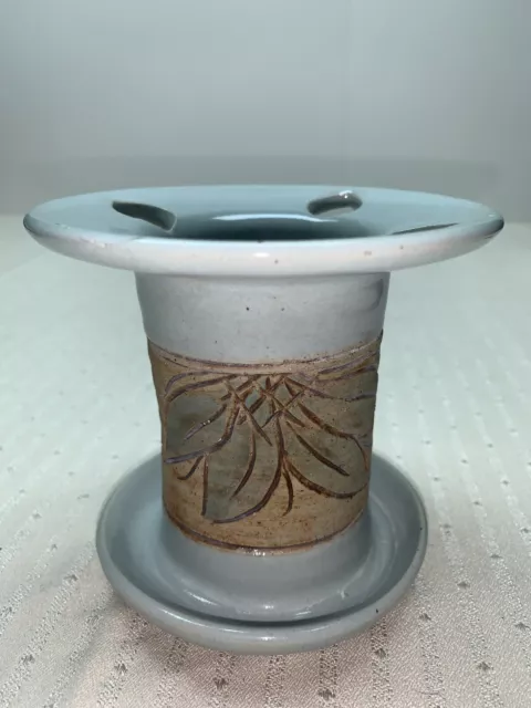 Pottery Toothbrush Holder Skyblue Leaf Motif  Signed Blue Brown Glaze