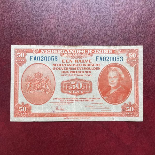 PAYS-BAS Indes NÉERLANDAISES Billet 50 Cent 02.03.1943 Série FA PAYS-BAS Indes NÉERLANDAISES Billet 50 Cent 02.03.1943 Série FA