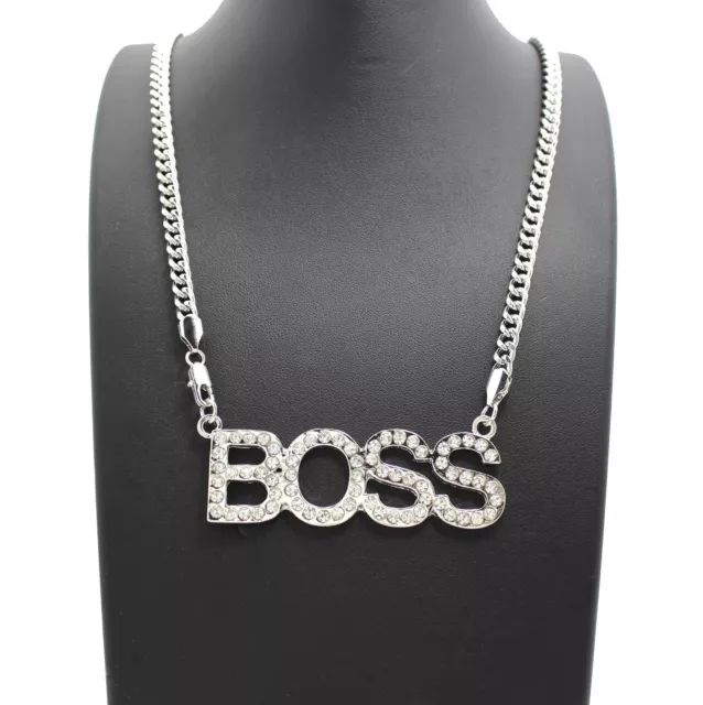 Women's Fashion White Gold Plated CZ BOSS Pendant W/ 5mm 24" Link Chain Necklace