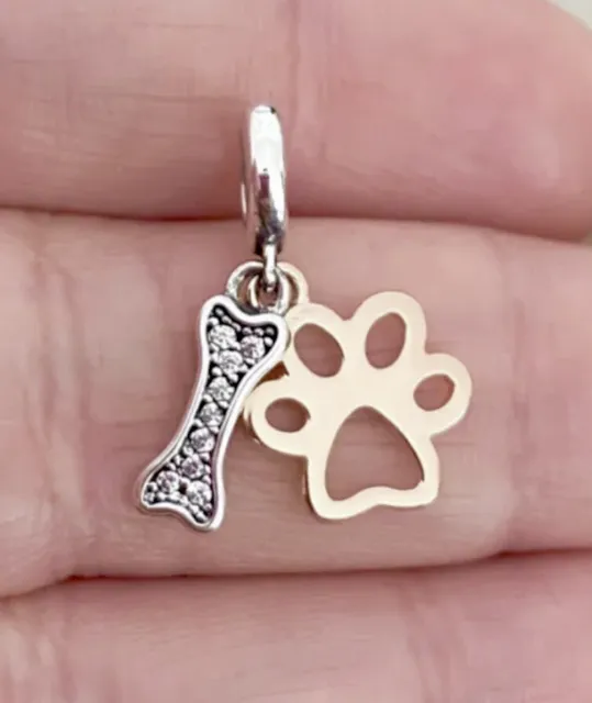 Paw Print And Bone Charm 925 Sterling Silver Cz, Dog Cat Pet Pendant Charm Gift
