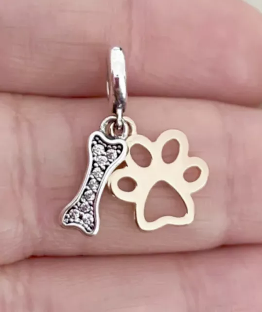 Pfotendruck und Knochen Charm 925 Sterlingsilber Cz, Hund Katze Haustier Anhänger Charm Geschenk