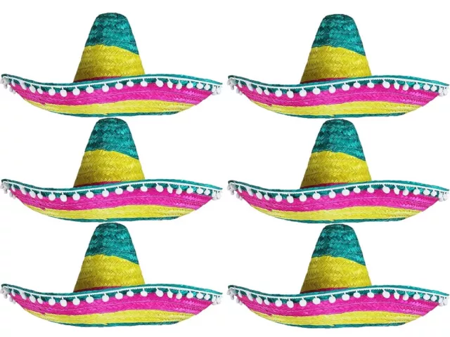 6 X Multi Colour Mexican Sombrero Hat Wild West Fancy Dress Costume Accessory