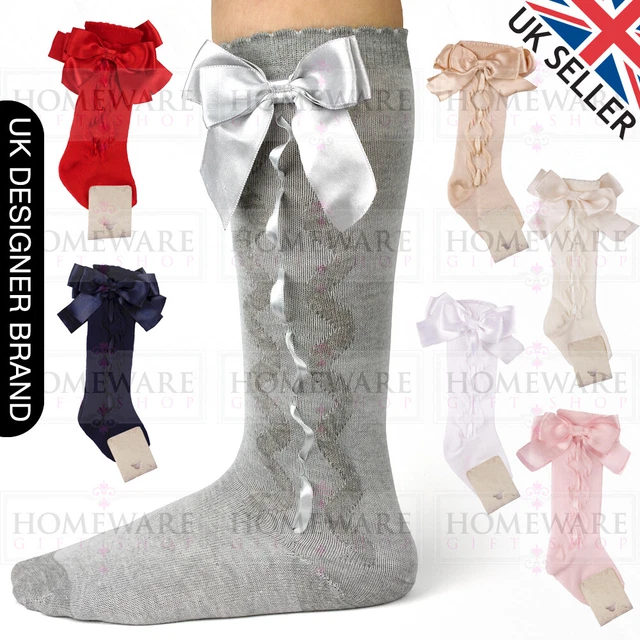 Girls Knee High Bow Socks Spanish Style Slotted Ribbon Socks Uk Designer Kids