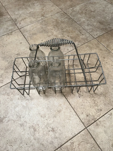 Vintage Metal Milk Bottle Carrier Caddy Holds 10 Bottles Coil Handle & 4 Bottles
