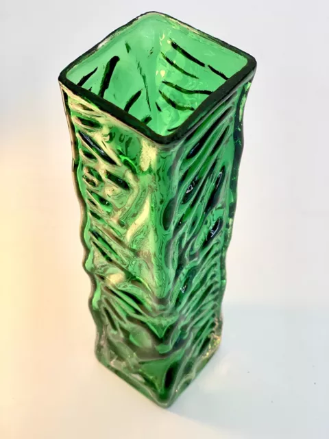 Mid-Century Japanese Best Art Glass Cased Green Square Bark Vase Vintage 1960s