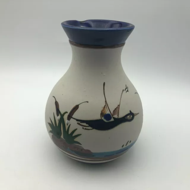 Vintage Mexican Tonala Bird Cattails Pottery Vase Artist Signed L8