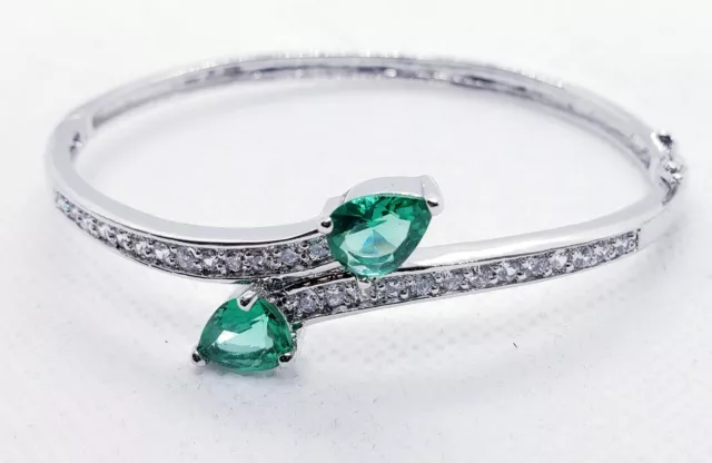 Solid 925 Sterling Silver Simulated Emerald and Cubic Zirconia Bangle Bracelet