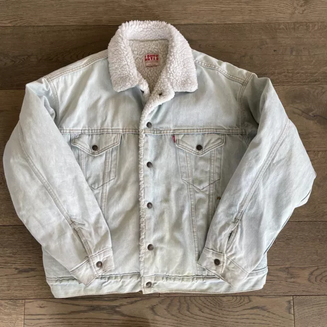 Vintage 80s Levis Acid Stonewash Sherpa Lined Denim Jean Jacket - Size XL