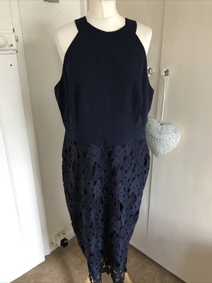 V By Very High Neck Lace Pencil Skirt Midi Dress Navy Blue UK Size 18 BNWT