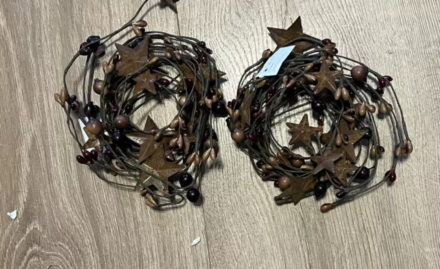 Primative Pip Berry Taper Candle Rings Set/2 with Stars Primitive Country Decor
