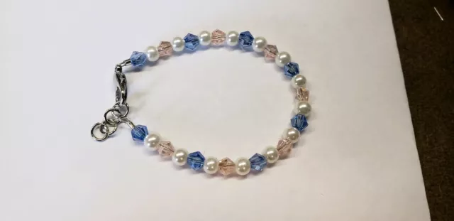 Baby Bracelet:6-12 months,4mm glass pearl beads with blue and pink colored beads