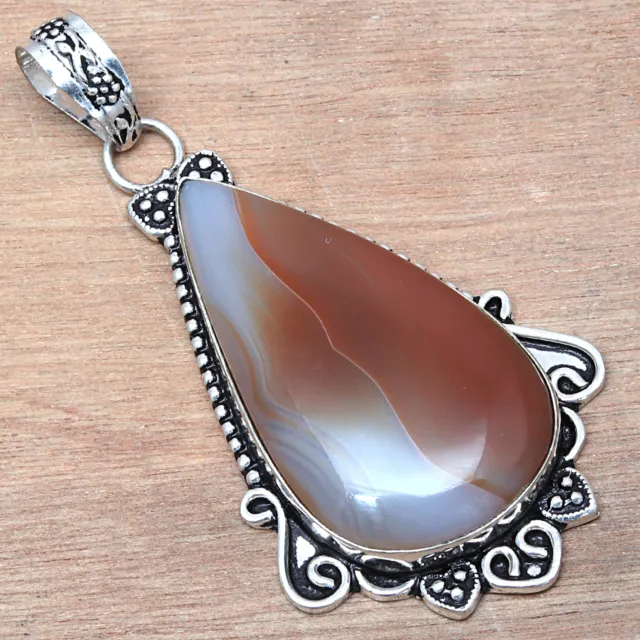 Pendant Banded Agate Gemstone Valentine'Day Gift Silver Jewelry 2.5"