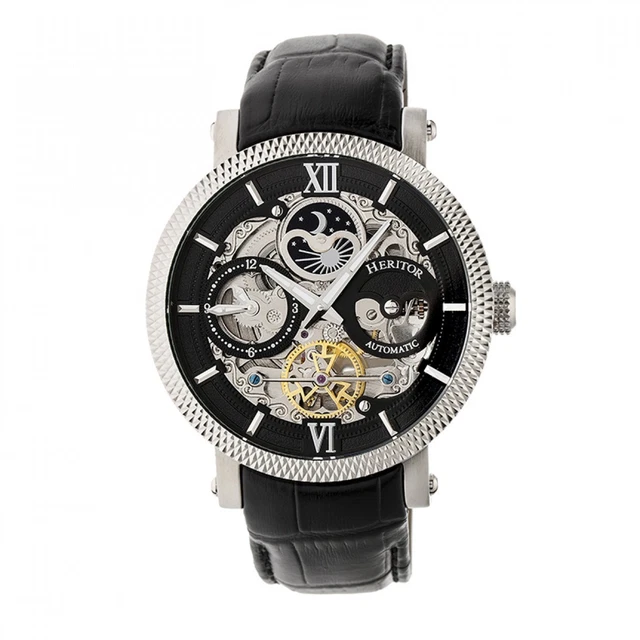 MONTRE HOMME HERITOR Automatique B lier Squelette Cuir Noir Argent