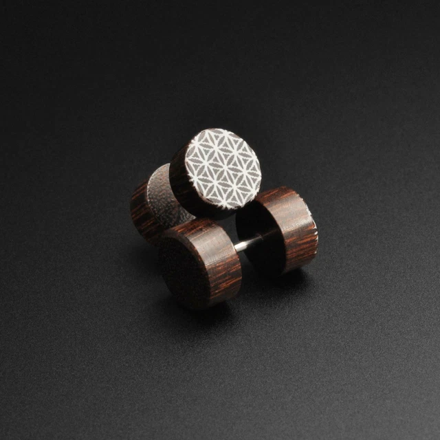Fake Ear Stretcher Plugs Palm Wood Fake Gauge Plug Flower Of Life Bone Inlay