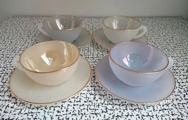 50s Vintage Arcopal Harlequin Pastel Opalescent Glass Coffee Cup & Saucer Set x4