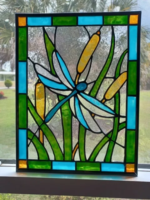 Dragonfly Stained Glass Window Panel Hand Painted