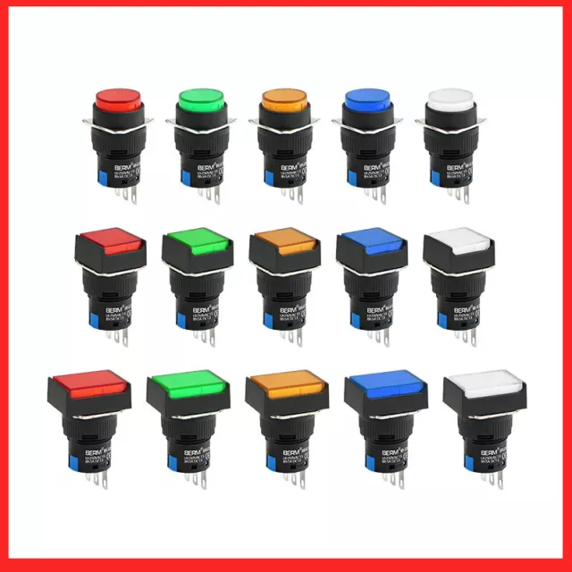 16mm Push Button Switch Momentary / Latching Black White Red Green Blue Yellow