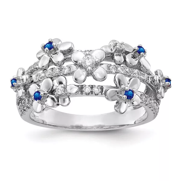 14K White Gold Diamond Blue Sapphire September Birthstone Flower Ring
