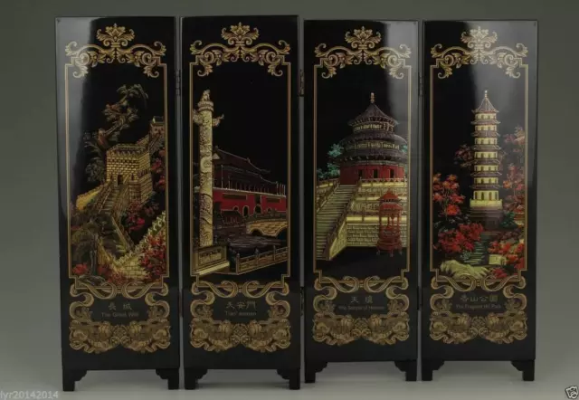 1pc 47cm Chinese Old Handwork Lacquer Painting Beijing Scenery Pattern Screen 3