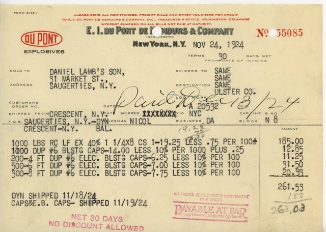 1924 E. I. Du Pont de Nemours Billhead New York NY Explosives Blasting Caps