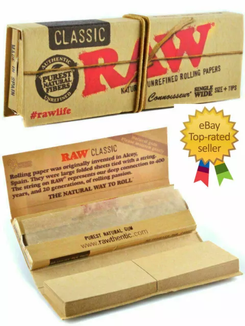 Raw Classic Connoisseur Single Wide Natural Unrefined Rolling Papers with Tips