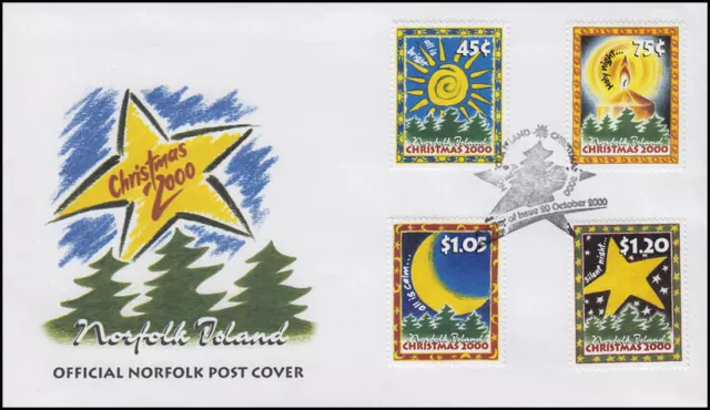 Isola di Norfolk: Natale 2000, 4 valori, set sole luna stelle candela su FDC