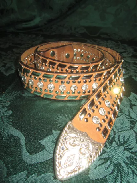 Nocona Western Rhinestone Studded Brown Leather Belt Women's Large