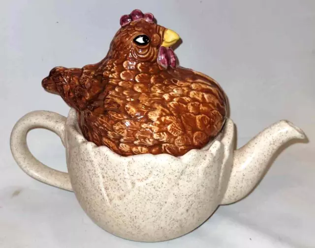 quirky chicken nesting on egg teapot farmhouse country kitsch