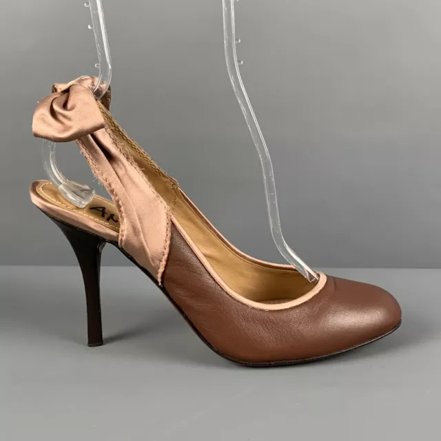 LANVIN Size 9 Brown Pink Leather Satin Slingback Pumps