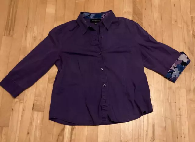 Jones New York Women XL Button Shirt Purple 3/4 Sleeve 100% Cotton EUC