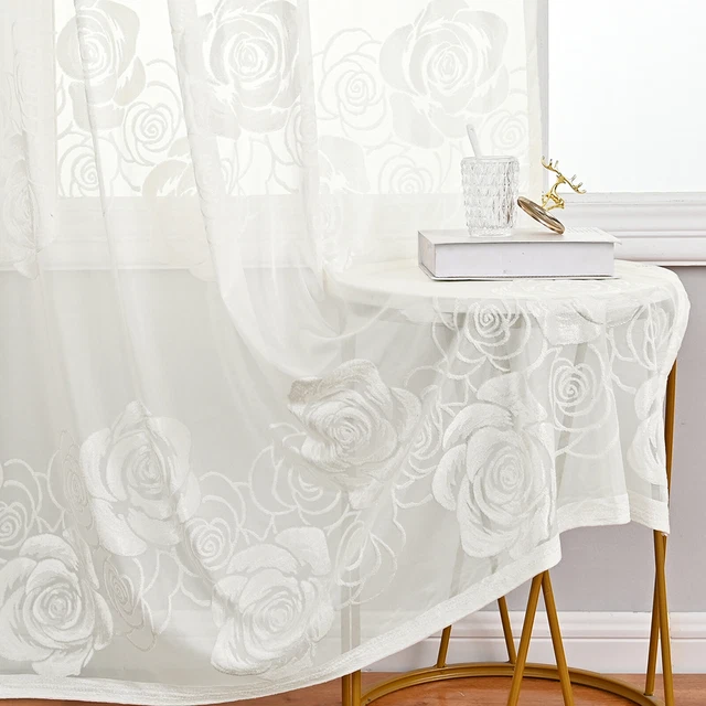 2 PC Sheer Rose Flocking Voile Net Curtains Bedroom Slot Top Room Window Drapes