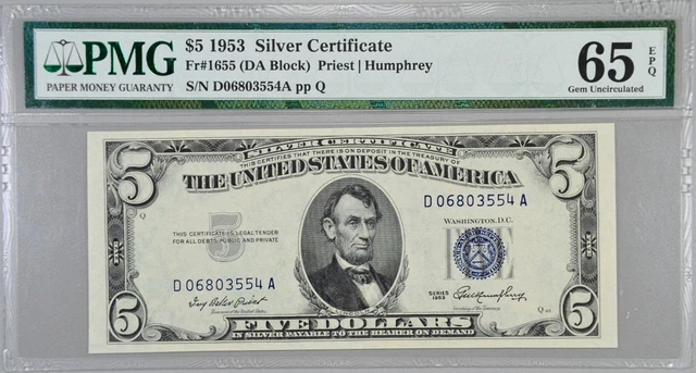 1953 $5 Silver Certificate Fr. 1655 DA Block PMG 65 EPQ Serial D06903554A