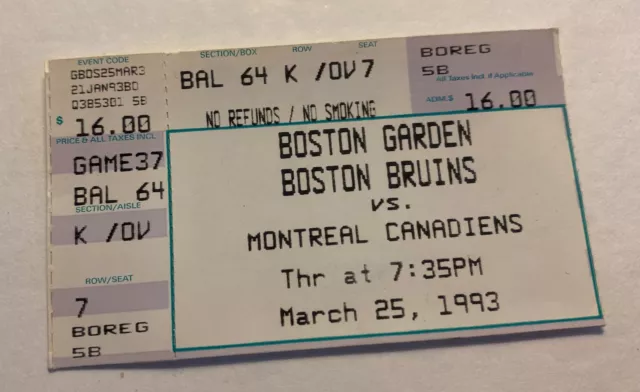 Boston Bruins vs. Montréal Canadiens ticket stub March 25, 1993